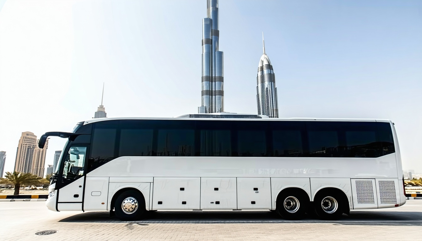 Luxury tour bus in front of Burj Khalifa