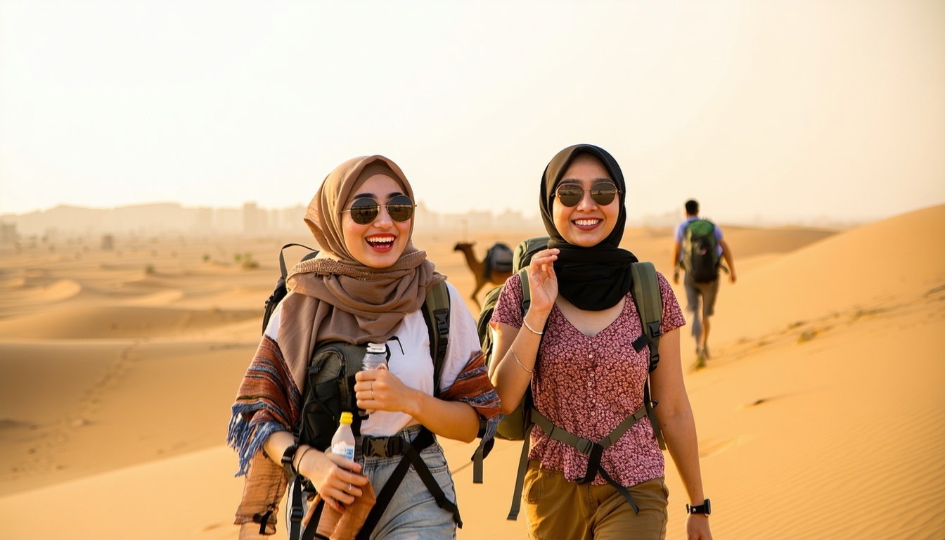 Happy travellers exploring Dubai desert safari