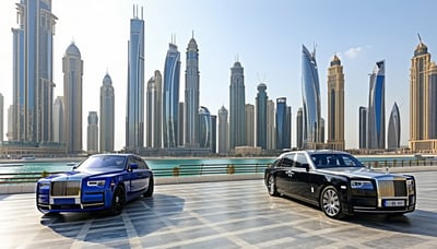 Dubai cityscape with luxury vehicles and iconic landmarks
