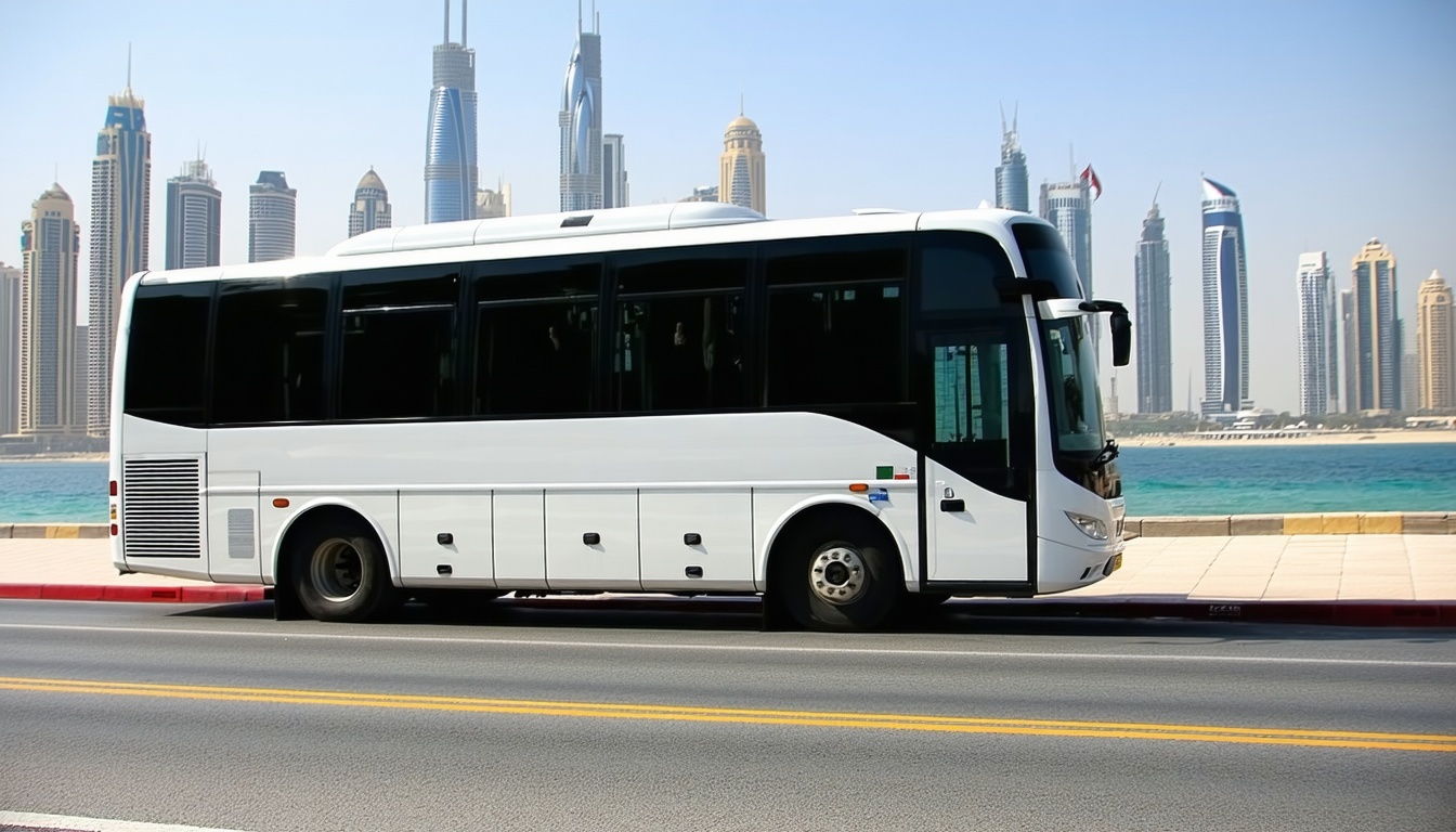 Luxury city tour bus with Dubai skyline